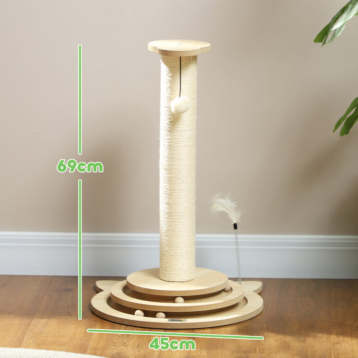 Kradsetræ til katte, 69 cm, sisal kradsetræ, boldløbebane, legebold, legefjeder, 4-i-1 design, cremehvid