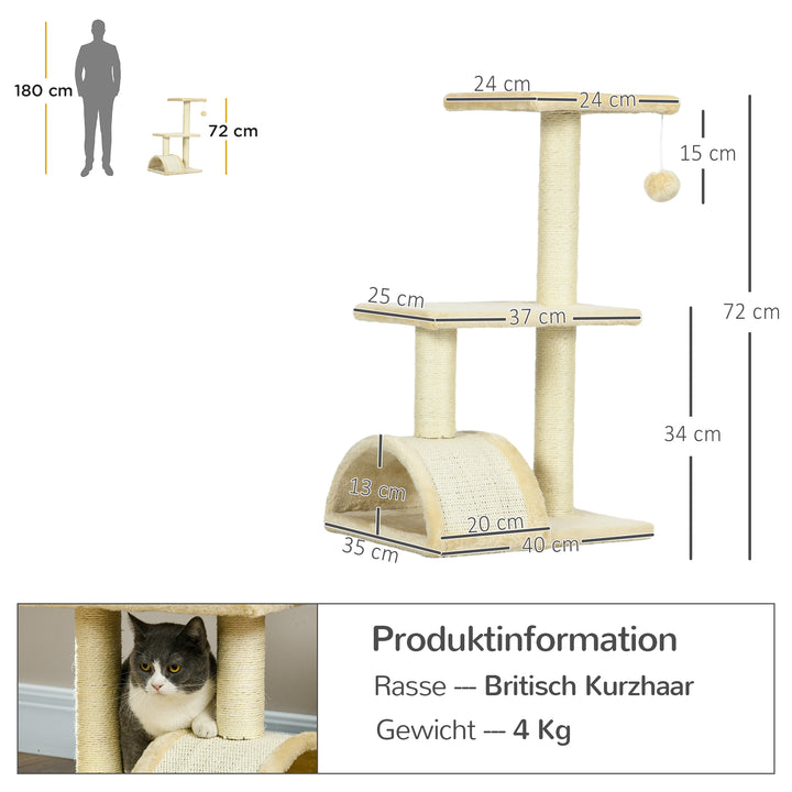 Kradsetræ 72 cm kattetårn med plysbolde, sisalstolper, platform, kradsebræt cremehvid