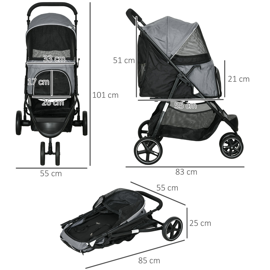 Hundevogn kæledyrsvogn op til 10 kg sammenklappelig regnovertræk 2 sikkerhedssnore 83 cm x 55 cm x 101 cm grå + sort