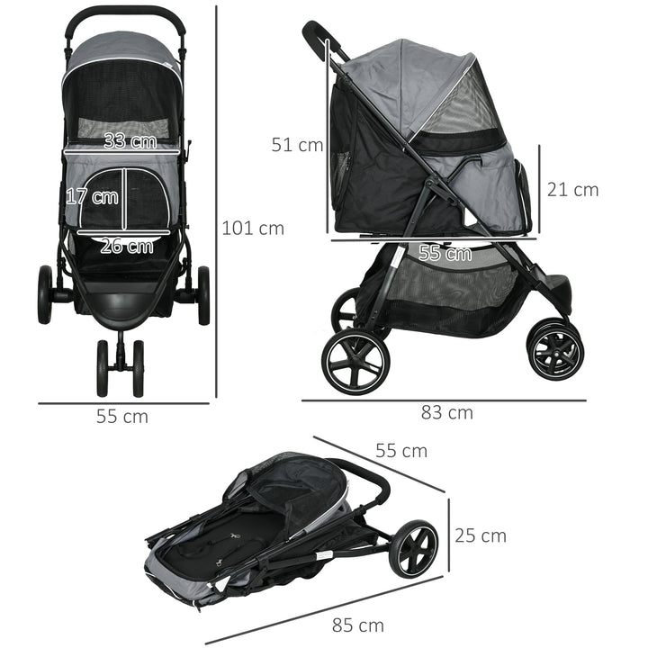 Hundevogn kæledyrsvogn op til 10 kg sammenklappelig regnovertræk 2 sikkerhedssnore 83 cm x 55 cm x 101 cm grå + sort