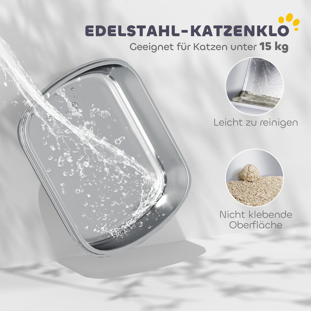 Kattebakke i rustfrit stål, højsidet, bakke, inklusive ske, til store katte, 53x42x27cm, trækulsgrå