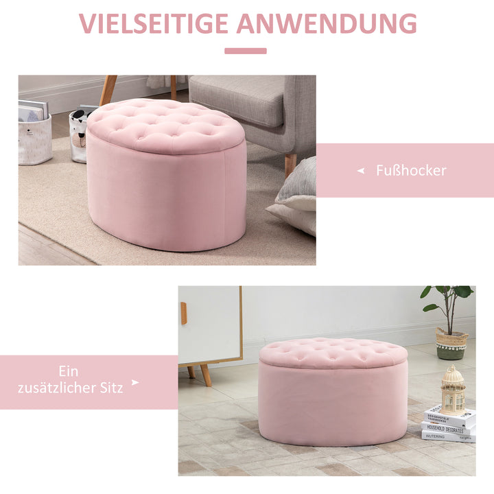 Bænk med opbevaringsplads, polstret bænk med fløjlslook, oval formet kommodebænk til stue, soveværelse, entre, 71 x 52 x 42 cm, lyserød