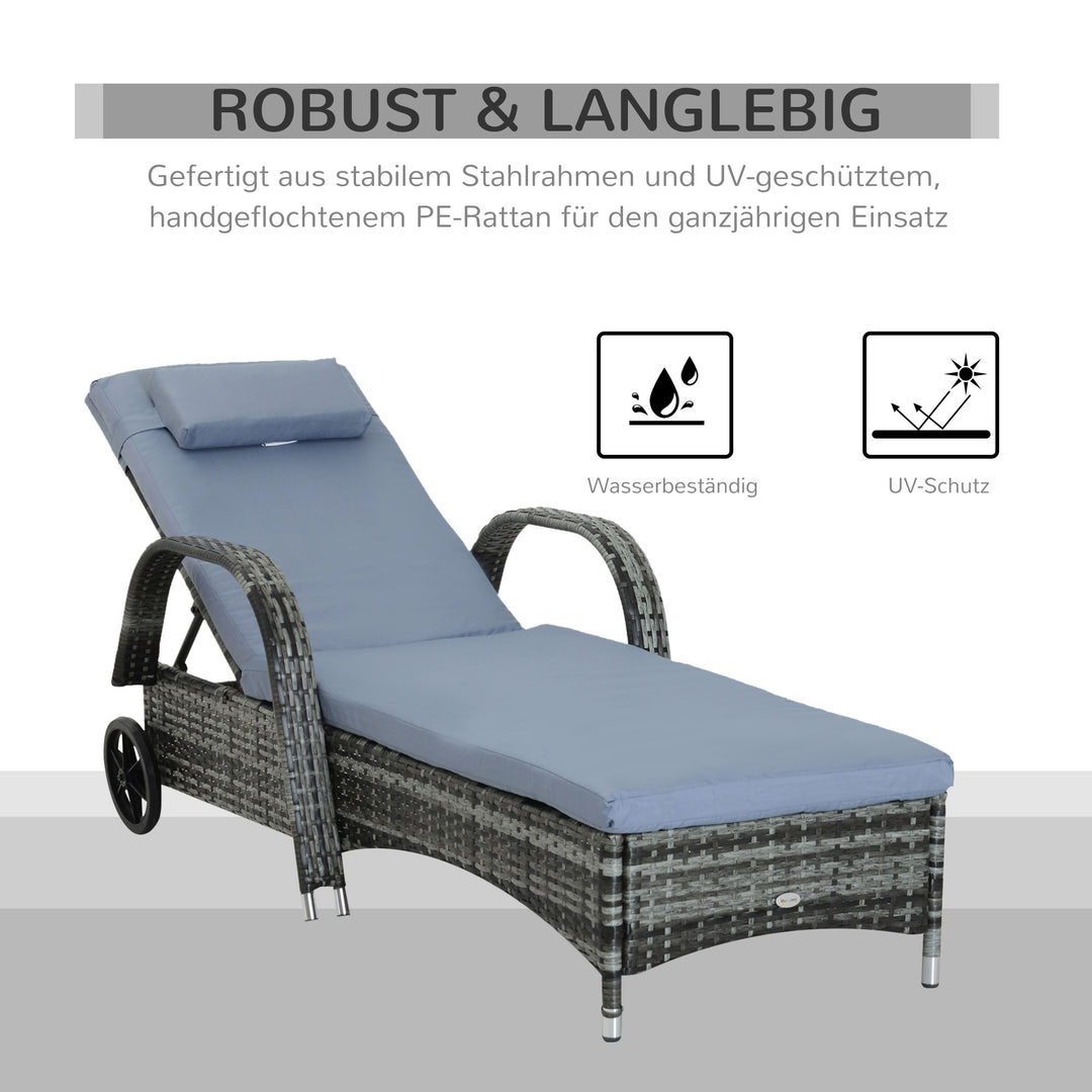 Havestol med hynde, justerbar ryglæn, metalstel, polyrattan, grå, 200 x 73 x 103 cm