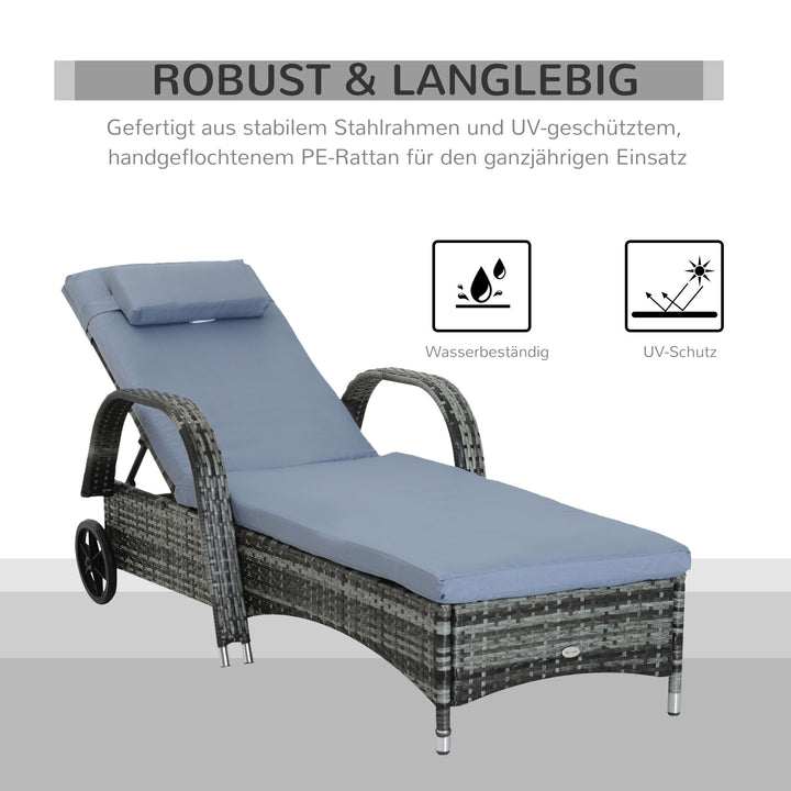 Havestol med hynde, justerbar ryglæn, metalstel, polyrattan, grå, 200 x 73 x 103 cm