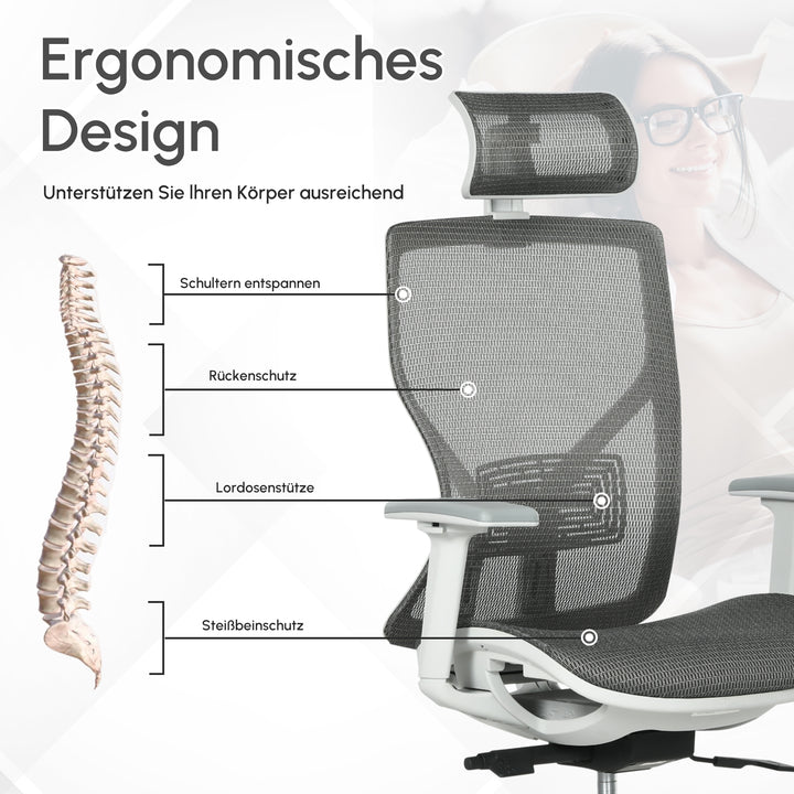 Kontorstol, skrivebordsstol, drejestol, gamingstol med nakkestøtte, lændehynde, 3d-armlæn, 3 niveauer, 360° drejelige hjul, højdejusterbar, ergonomisk, netstof, skum, grå, 67 x 65 x 120-128 cm