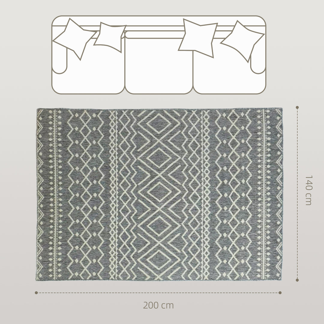 Indendørs/udendørs tæppe, boho design, nem rengøring, grå