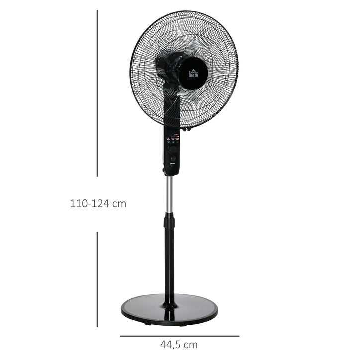 Sokkelventilator med fjernbetjening, højdejusterbar ventilator, 70° oscillerende ventilator, 3 hastighedsindstillinger, justerbar hældningsvinkel, 7,5 timer, Ø44,5 x 110-124 cm, sort
