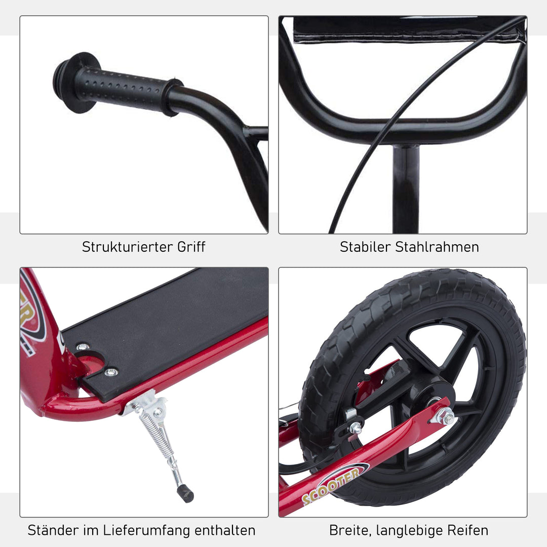 Børneløbehjul med bagbremse, løbehjul, 12 tommer løbehjul, city scooter til børn, kickboard, højdejusterbart, stål, EVA, rød, 120 x 52 x 80-88 cm