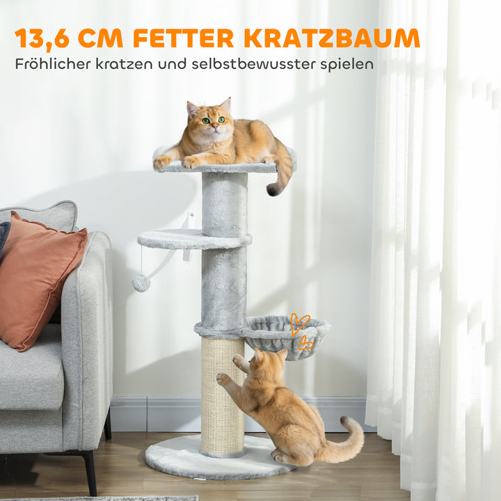Kradsetræ til katte, sisalpæle, flere niveauer, plysstof, hængebold, lysegrå