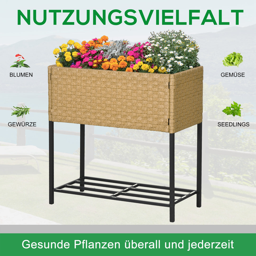 Højbed, blomsterkasse, dyb hylde, metalstel/polyrattan, 70 x 30 x 72 cm, beige