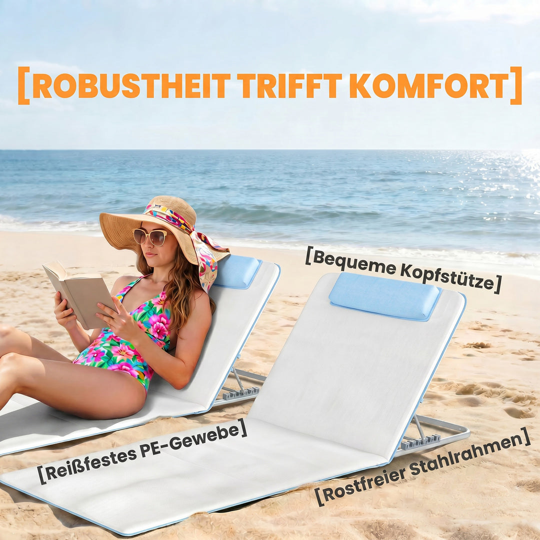Strandstol, solseng, havestol, foldbar, justerbar ryglæn, sidelomme, 48 cm x 134 cm x 33-43 cm, beige
