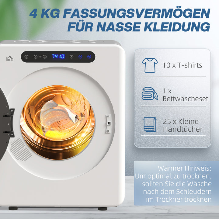 Tørretumbler, 6 programmer, 40-60°c, 4 kg kapacitet, kompakt, touch-betjening, hvid