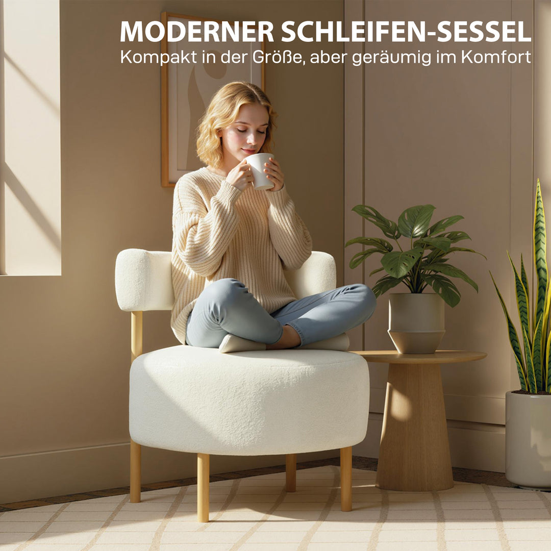 Lænestol, loungestol, lænestol med sherpa fleece, metalben i trælook, polstret lænestol, 67 x 67 x 71 cm, cremehvid