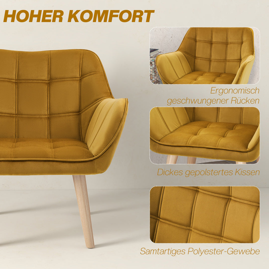 Polstret lænestol, accentstol, skandinavisk design, fløjlslook, op til 120 kg, ben i gummitræ, gul