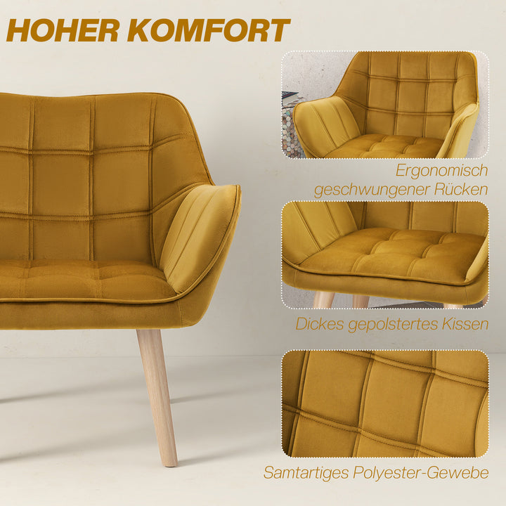 Polstret lænestol, accentstol, skandinavisk design, fløjlslook, op til 120 kg, ben i gummitræ, gul