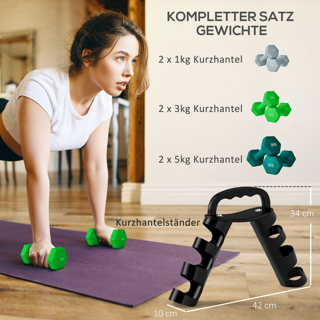 Håndvægtsæt med opbevaringsstativ, sæt med 6 håndvægte til fitnesstræning, 2 x 1 kg, 2 x 3 kg, 2 x 5 kg