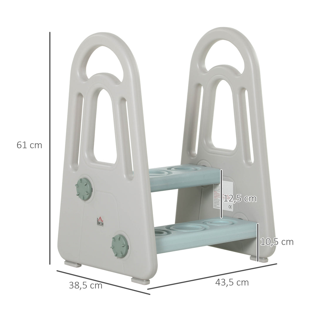 Learning tower trappeskammel stående med 2 trin pyramidestruktur sikkerhed badeværelse soveværelse køkken blå+grå til 2-5 år hdpe pp 43,5 x 38,5 x 61 cm