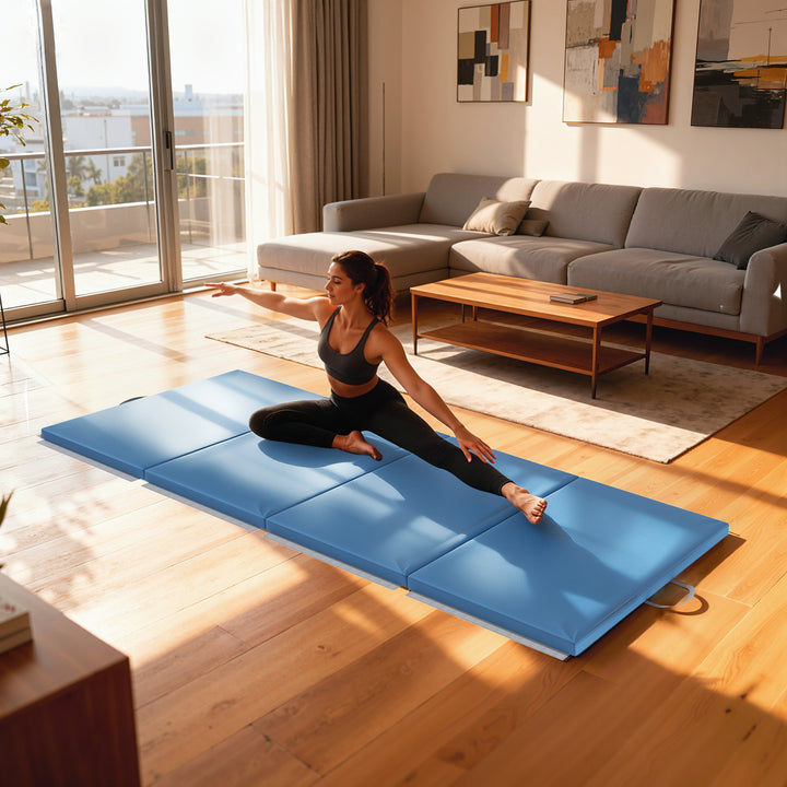 Træningsmåtte, foldbar fitnessmåtte, sportsmåtte med håndtag til yoga, MMA, fitness, Pilates, 240 x 120 x 5 cm, lyseblå