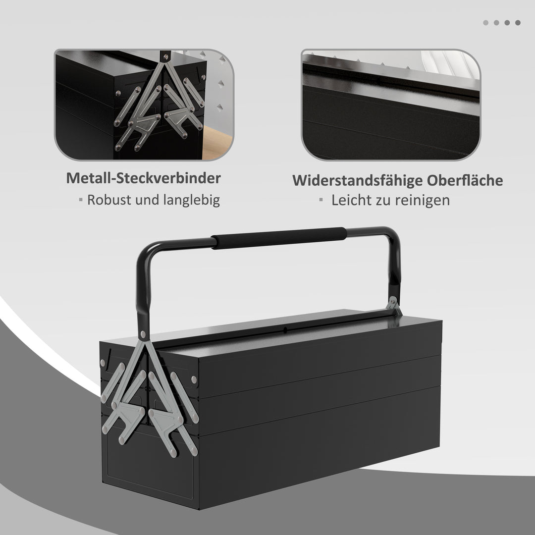 Værktøjskasse, værktøjskuffert med 3 niveauer, stål, 56l x 20b x 41h cm, sort
