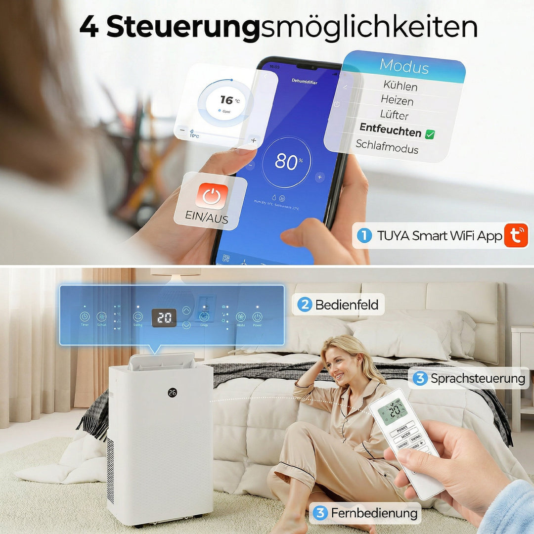 Bærbart klimaanlæg med 12.000 BTU, 4-i-1 klimaanlæg med WiFi og stemmestyring, køling, affugter, ventilator, dvaletilstand