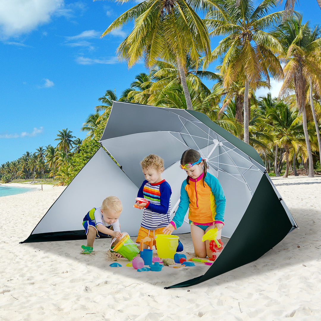 2-i-1 strandparasol Ø 210 cm UPF 50+ vindtæt strandparasol med sidepaneler bæretaske balkonparasol foldbar haveparasol solbeskyttelse til rejser, strand, balkoncamping mørkegrøn