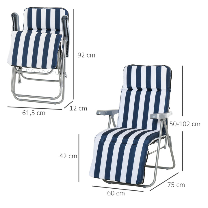 2 x Sammenklappelige havestole, liggestole med armlæn, sammenklappelige, 5 positioner, hynde, blå, 60 x 75 x 102 cm