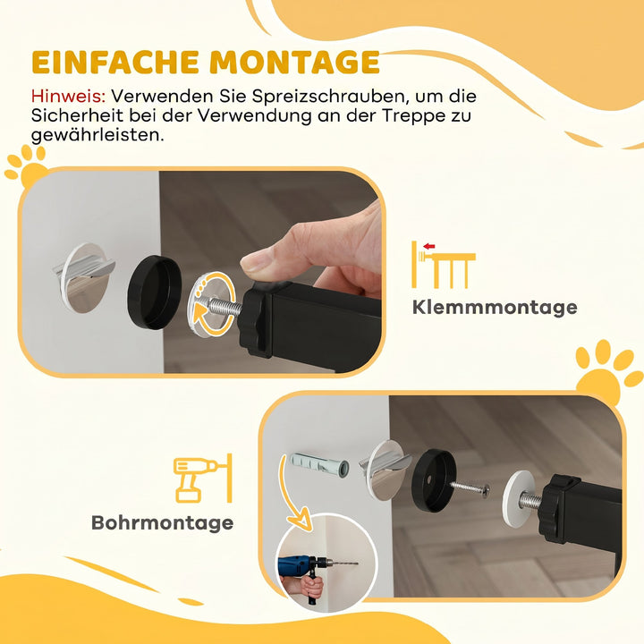 Sikkerhedslåge/trappegitter med 17,5/20,3/30,5 cm forlænger, ingen boring nødvendig, med automatisk lukkemekanisme, til bredder 74-147,5 cm, drejelig på begge sider, metal, sort