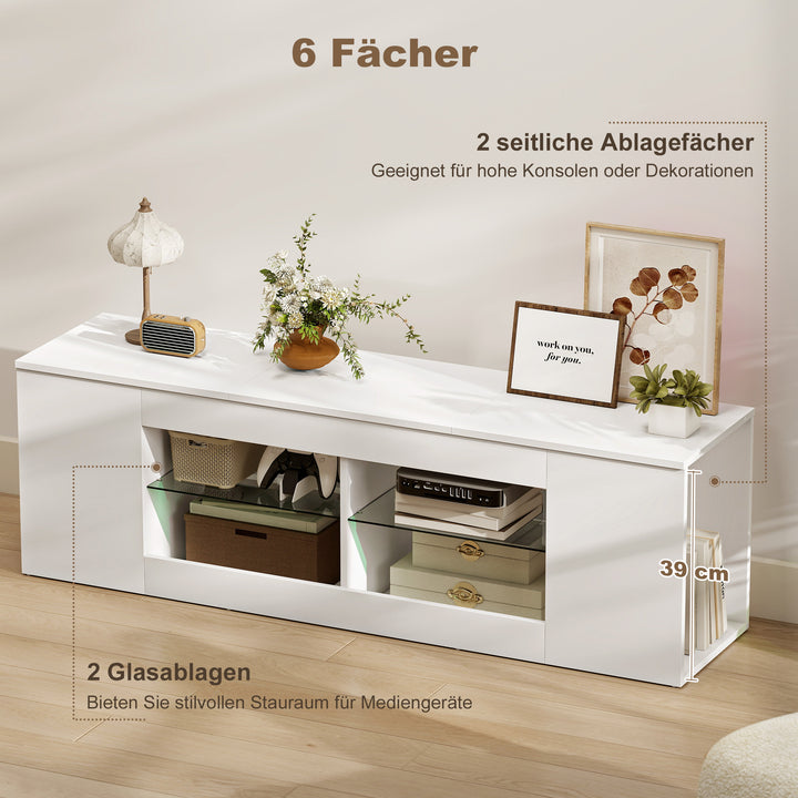140 cm TV-bord, TV-skab, 6 rum, 2 glashylder, spånplade, hvid