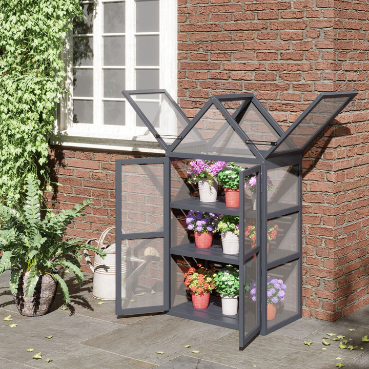 Mini-drivhus til koldt stel, 3 niveauer, drivhusplantebed med hængslet tag, dobbeltdøre, lavet af træ, polycarbonat, vejrbestandig, naturlig 70,5 x 42 x 132 cm