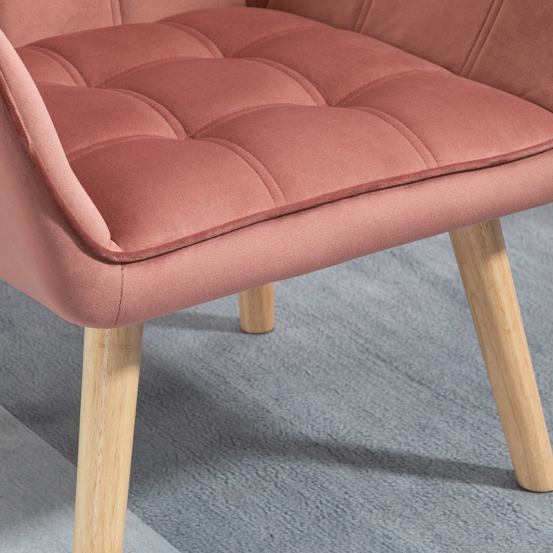 Polstret lænestol, accentstol, skandinavisk design, fløjlslook, op til 120 kg, ben i gummitræ, pink