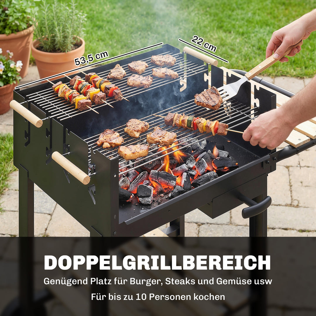 Kulgrillvogn med 4-positioners højdejusterbar grillrist, 2 træhylder, 2 hjul, askebeholder, 99,5 x 58 x 82 cm