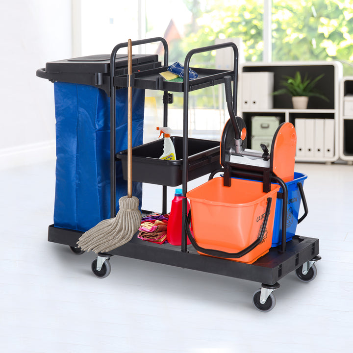 Rengøringsvogn moppevognssystemvogn med 4 letløbende hjul sort+blå+orange 111 × 63,3 × 103 cm