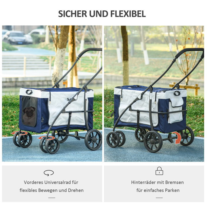 Hundevogn, kæledyrsvogn, kæledyrstransportør op til 10 kg, foldbar, justerbare bærestropper, aftagelig kurv, 81 x 58 x 97,5 cm, sort + blå + hvid