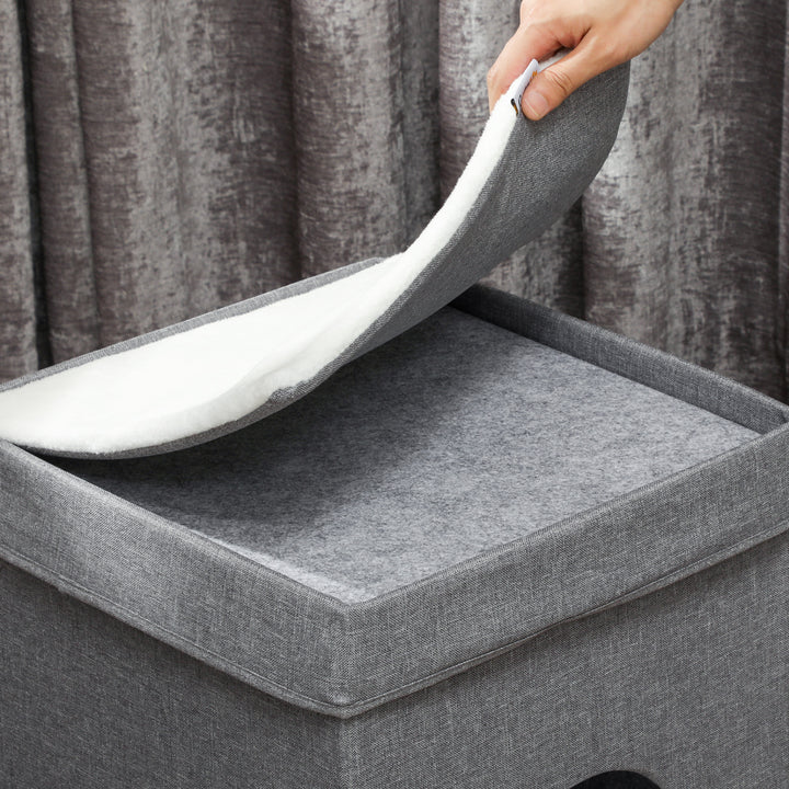 Kattehus med 2 kattehuler, nem montering, plys, 74 x 37,5 x 78,5 cm, grå/cremehvid