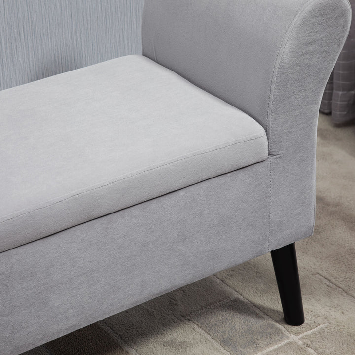 Polstret bænk med opbevaringsplads, kommodebænk med armlæn, 46 cm sædehøjde, fløjlspolyester, 111,5 x 41 x 65 cm, lysegrå