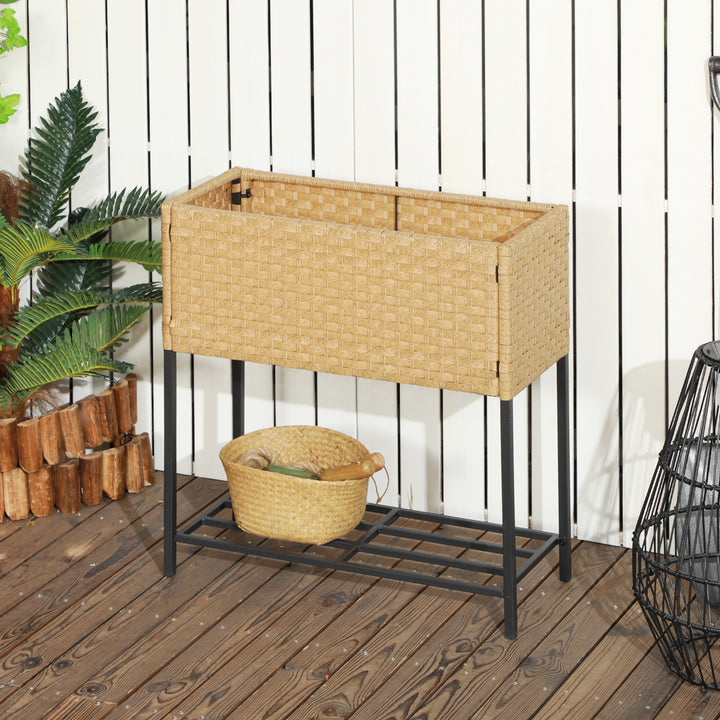 Højbed, blomsterkasse, dyb hylde, metalstel/polyrattan, 70 x 30 x 72 cm, beige