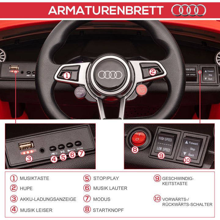 Audi børne-elbil 12v med 2.4g fjernbetjening, musik, horn, elbil med led-lys, usb/mp3-port, bakfunktion, til børn 3-5 år, rød