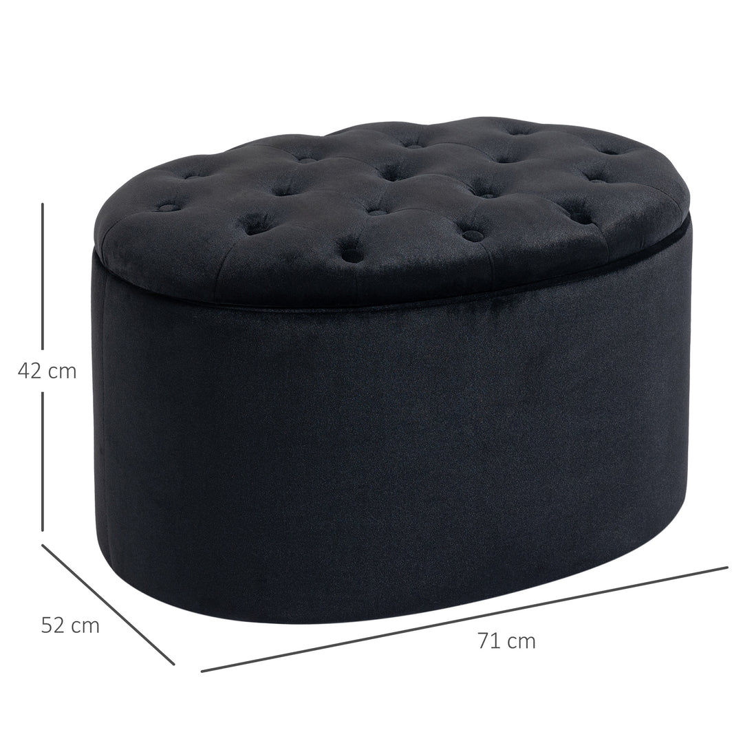 Bænk med opbevaringsplads, polstret bænk med fløjlslook, oval formet kommodebænk til stue, soveværelse, entre, 71 x 52 x 42 cm, sort