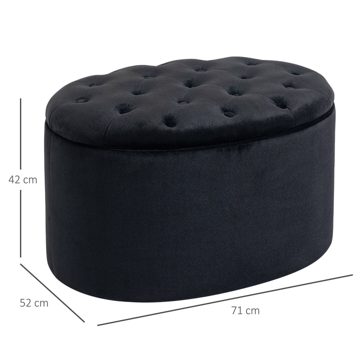 Bænk med opbevaringsplads, polstret bænk med fløjlslook, oval formet kommodebænk til stue, soveværelse, entre, 71 x 52 x 42 cm, sort