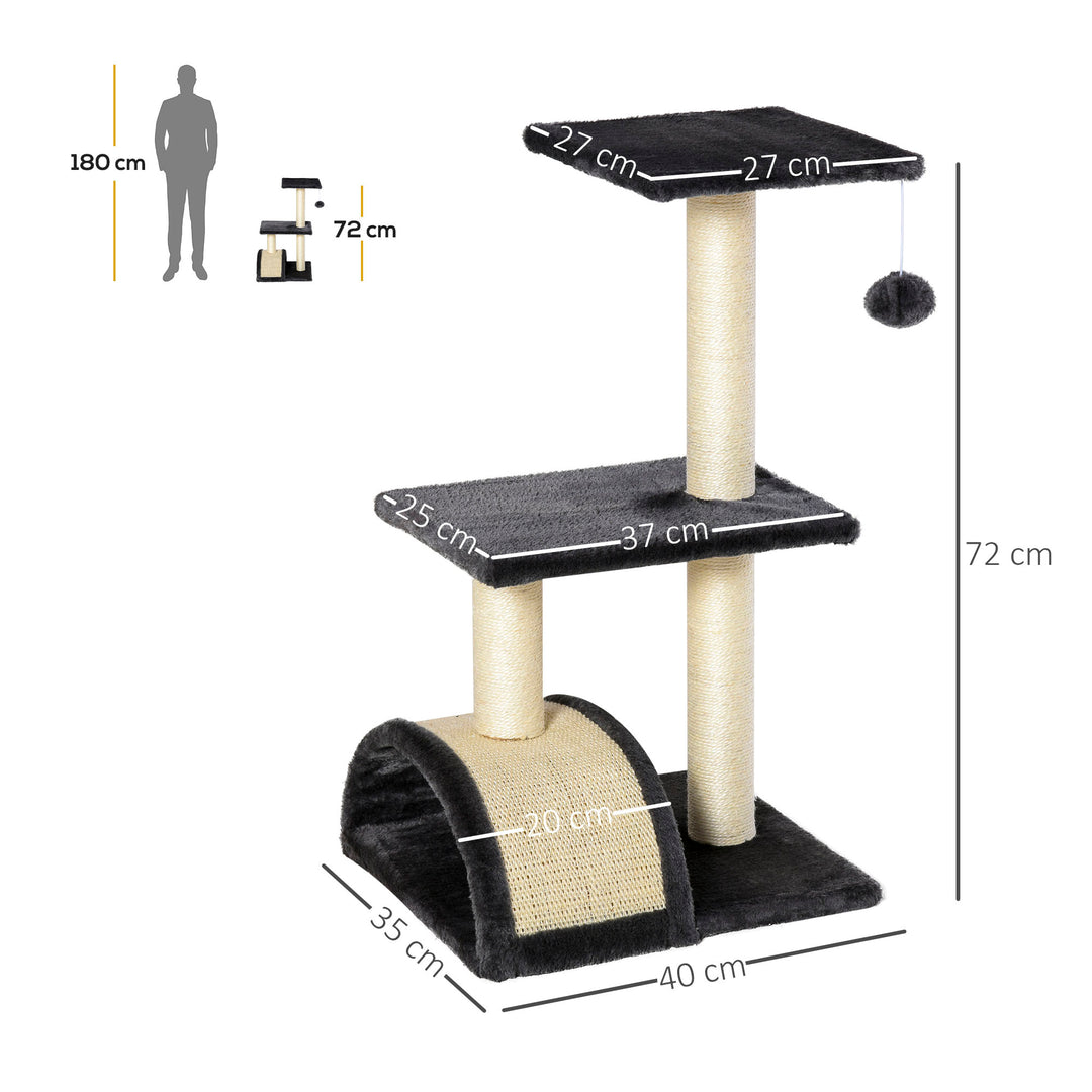 Kradsetræ 72 cm kattetårn med plysbolde, sisalstolper, platform, kradsebræt, kradsetræ i flere niveauer, klatretræ, til mellemstore katte, grå