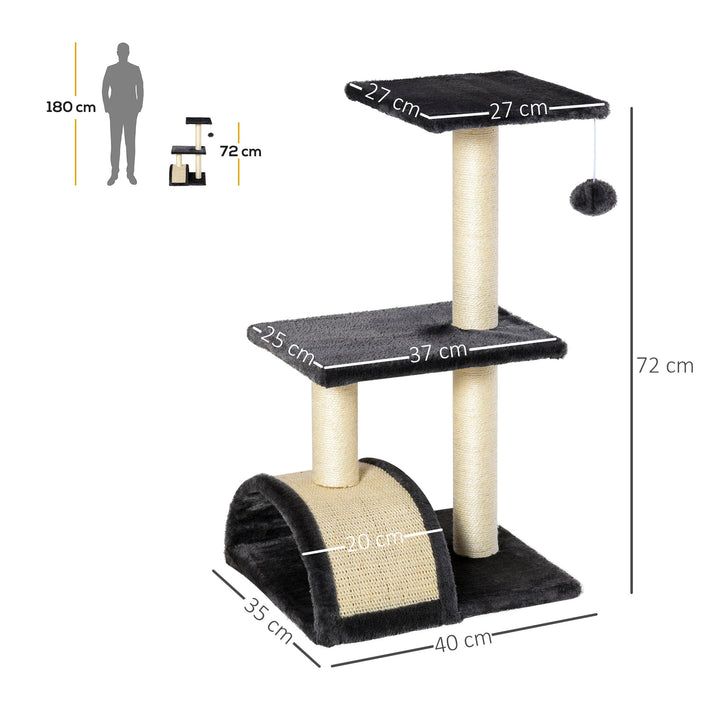 Kradsetræ 72 cm kattetårn med plysbolde, sisalstolper, platform, kradsebræt, kradsetræ i flere niveauer, klatretræ, til mellemstore katte, grå