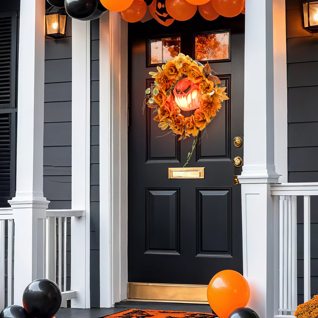 Halloween-krans, uhyggeligt græskardesign, efterårsblade, lyseffekter, plastik