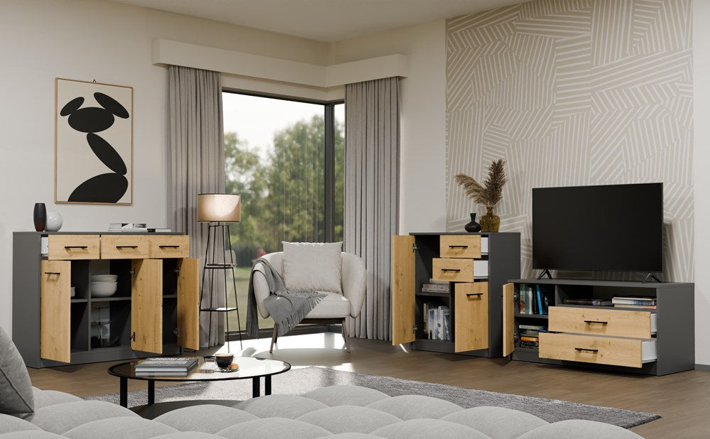 Moderne TV-bord / TV-skab, kommode,  antracit og naturfarvet