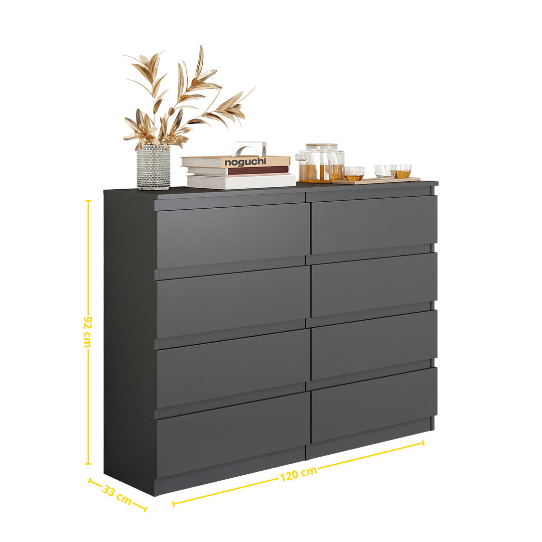 GABRIEL – kommode med 8 skuffer – antracit – H92 cm B120 cm D33 cm