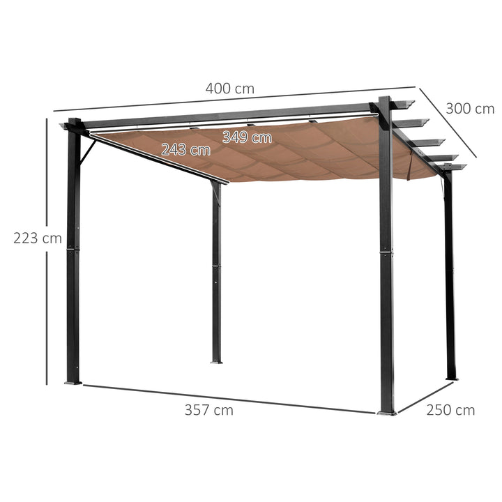 Pergola pavillon med justerbart stoftag 3 x 4 m terrassebaldakin aluminium solskærm baldakin terrasse have grå+brun