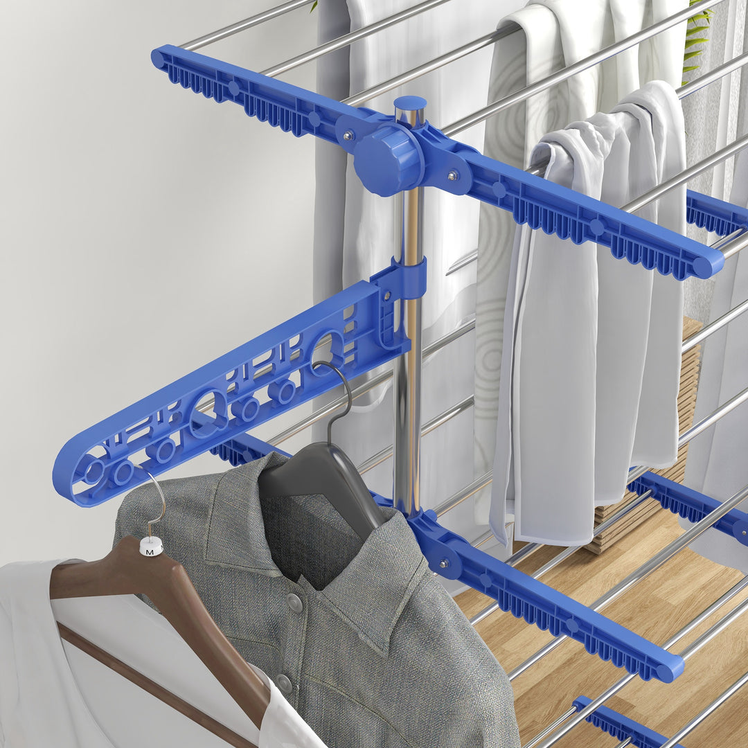Tørrestativ med 5 niveauer, foldbar, et-klik-system, 142 cm x 55 cm x 1,72 cm, blå + sølv