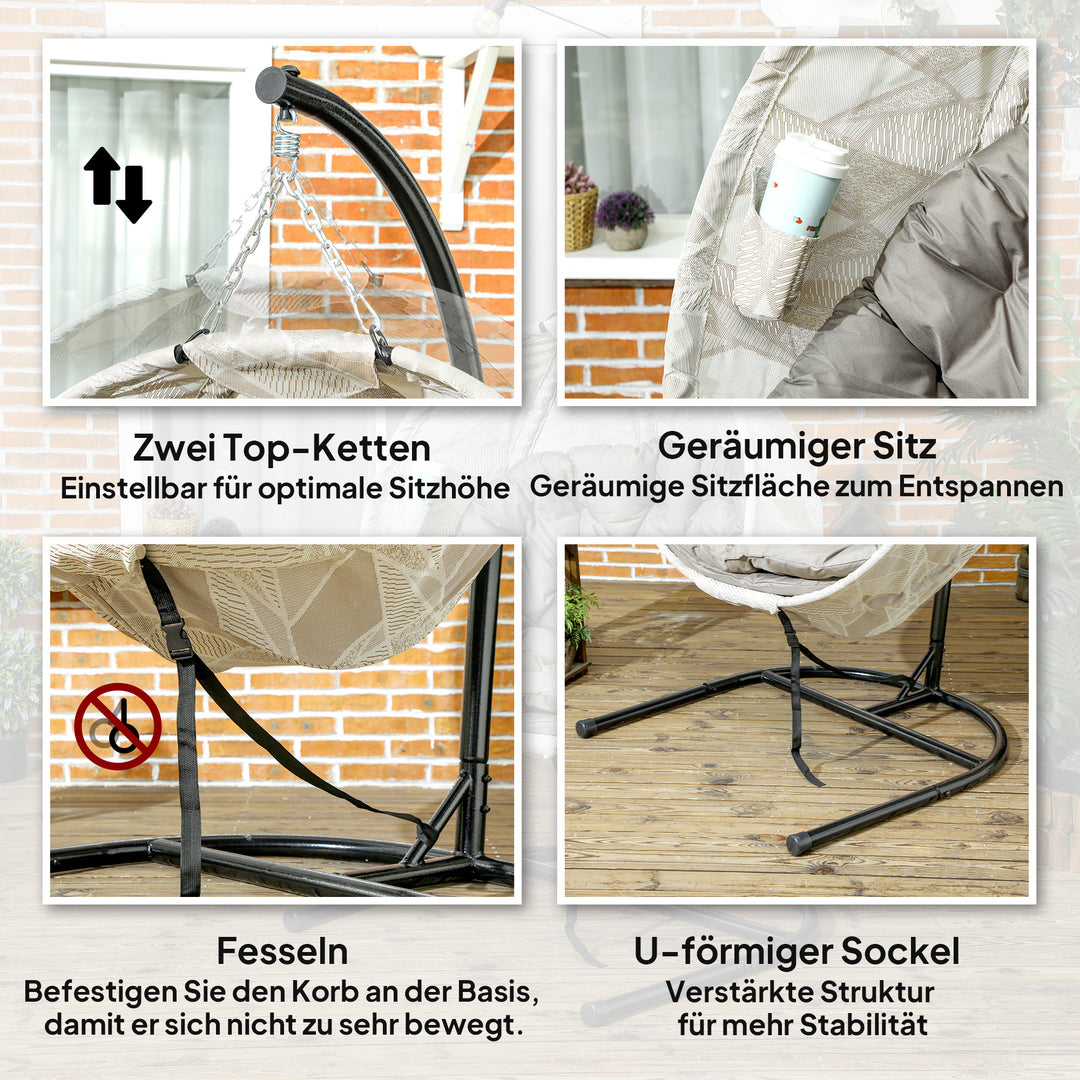 Ægformet hængekurv, hængestol med gyngefunktion og foldbar kurv, havestol, kopholder, sandbrun