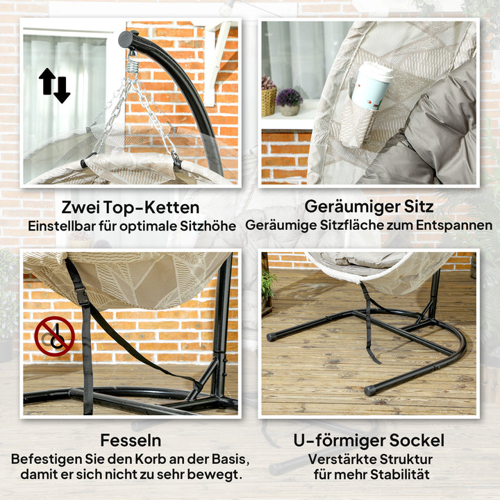 Ægformet hængekurv, hængestol med gyngefunktion og foldbar kurv, havestol, kopholder, sandbrun