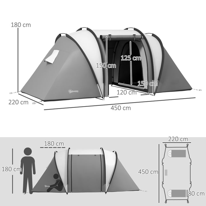 Campingtelt til 4-5 personer, let vandafvisende, familietelt med 3 værelser, sidedør, vindue, grå