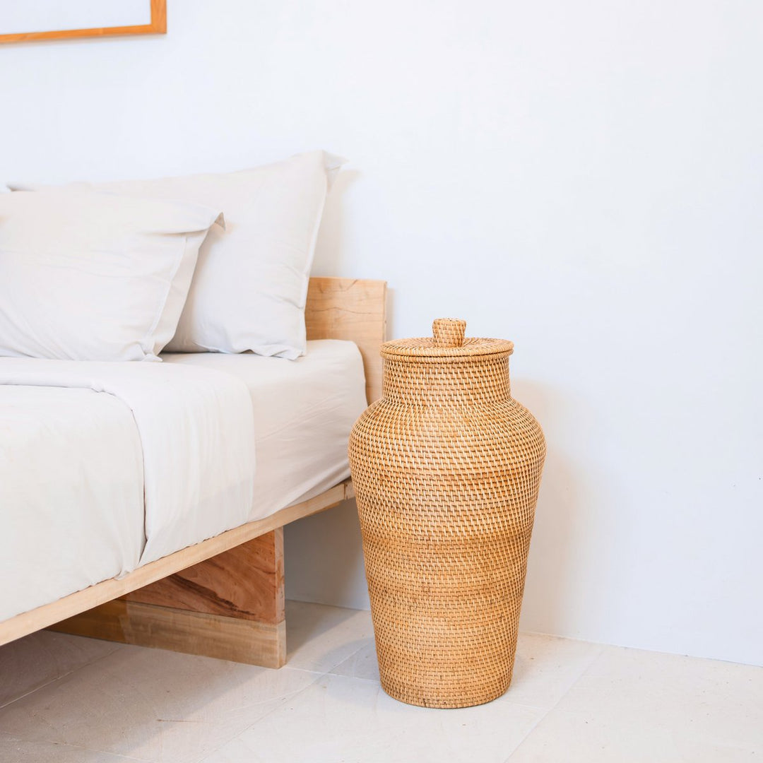 Vævet Rattan Vase Rund – Stor Boho Dekorativ Vase – Vase Tall & Narrow – Gulvvase Håndlavet af naturlige fibre (Ø 30 cm) KIDUNG